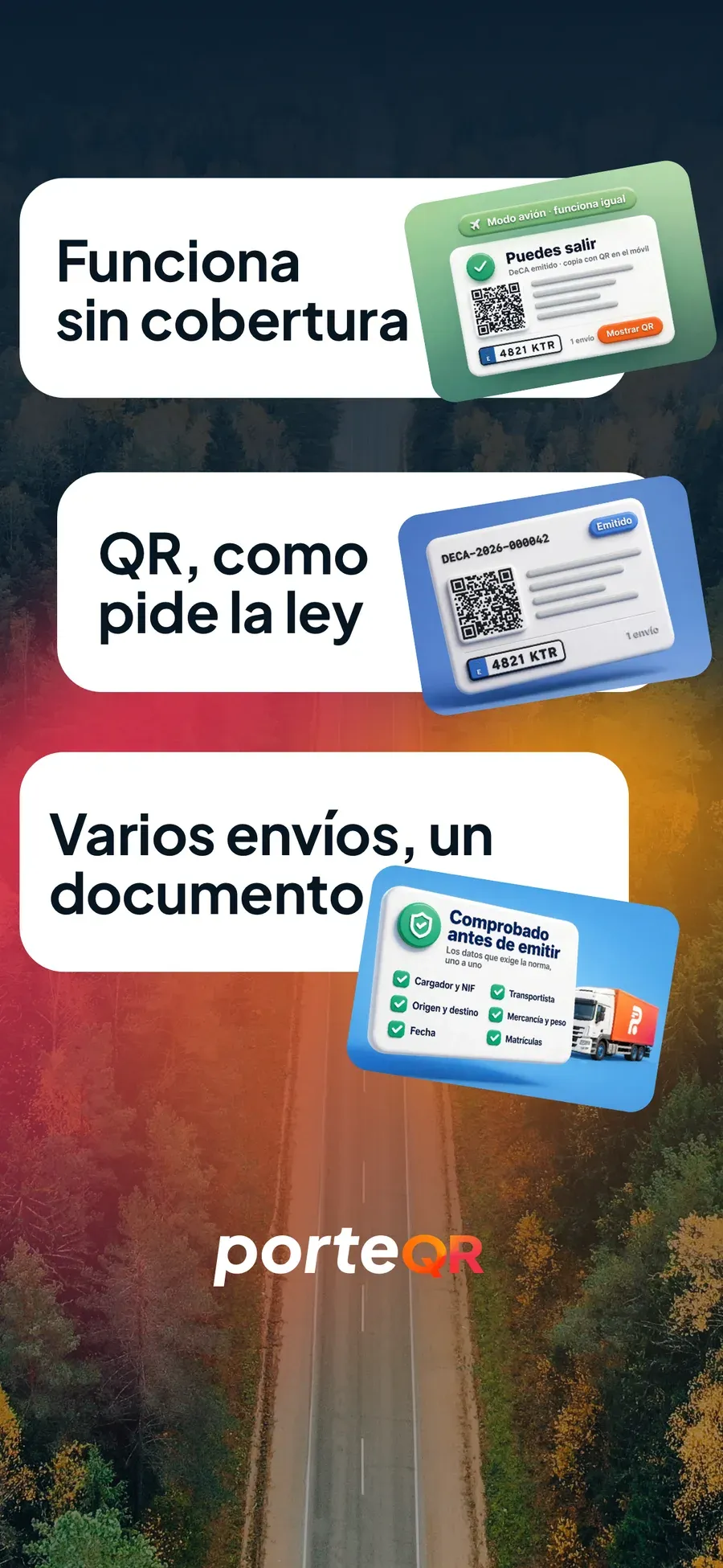 Funciones de PorteQR: funciona sin cobertura, QR como pide la ley y varios envíos en un documento, comprobado antes de emitir