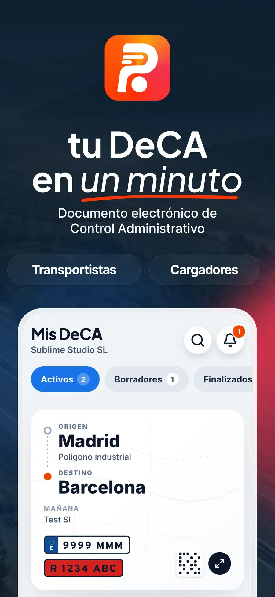 Pantalla de inicio de PorteQR: tu DeCA en un minuto, con la lista de DeCA activos, la ruta y las matrículas