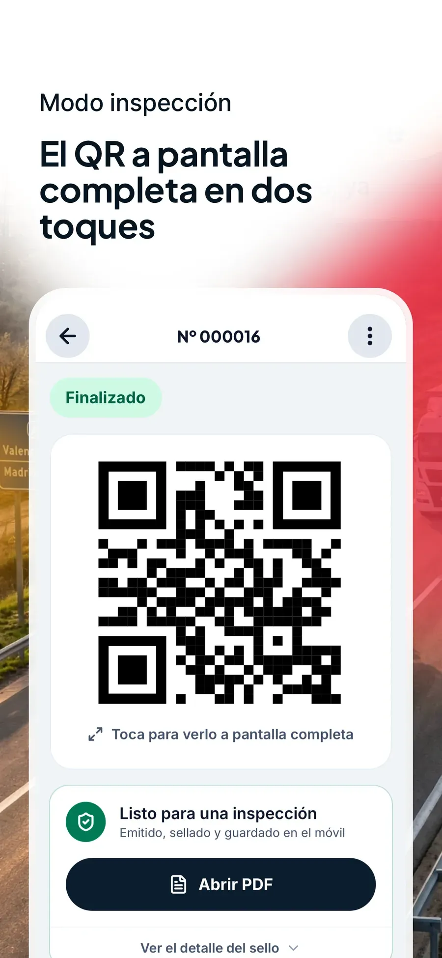Modo inspección de PorteQR: el QR del DeCA a pantalla completa y el botón para abrir el PDF