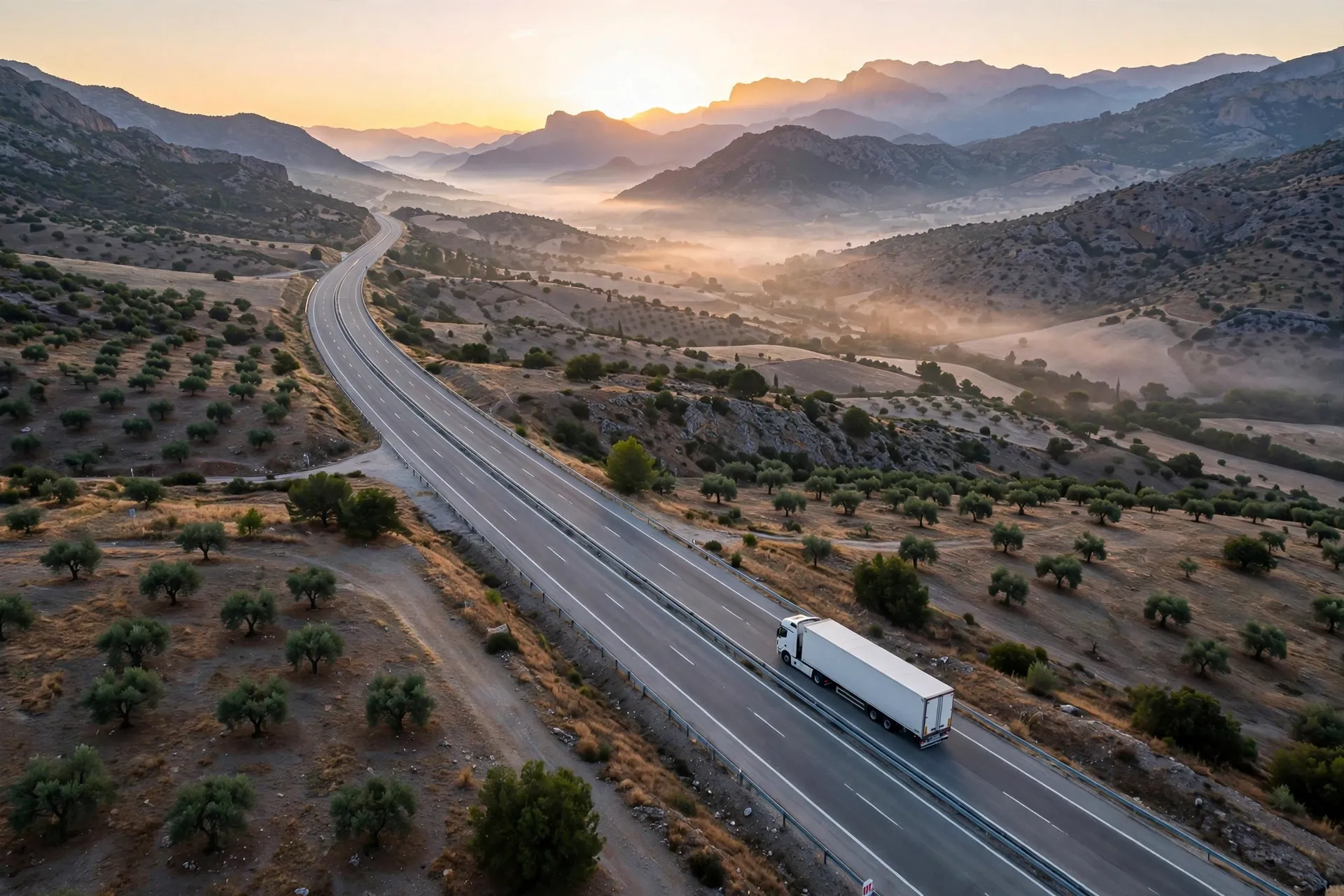 Camión de mercancías en carretera al amanecer