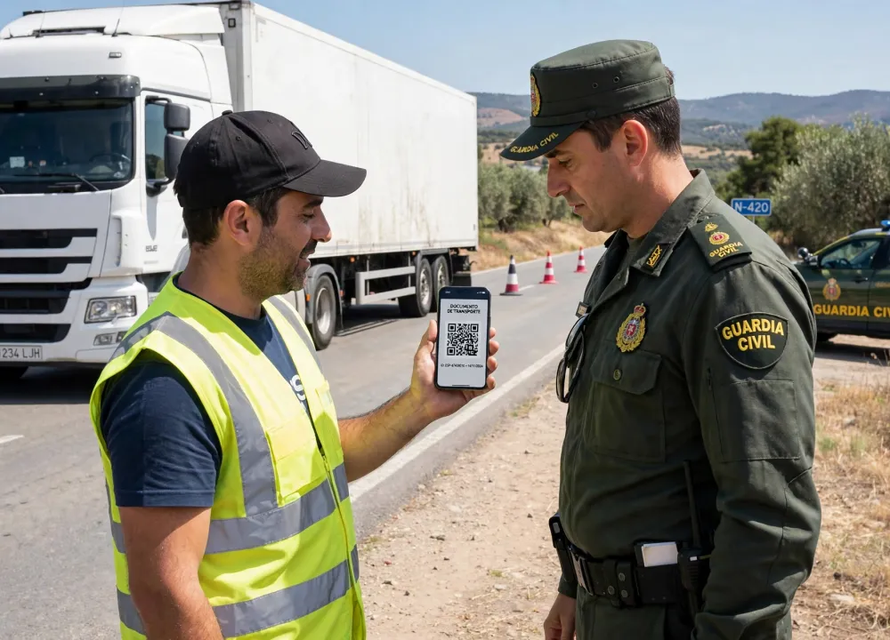 Un agente comprueba el DeCA en el móvil del conductor en un control de carretera
