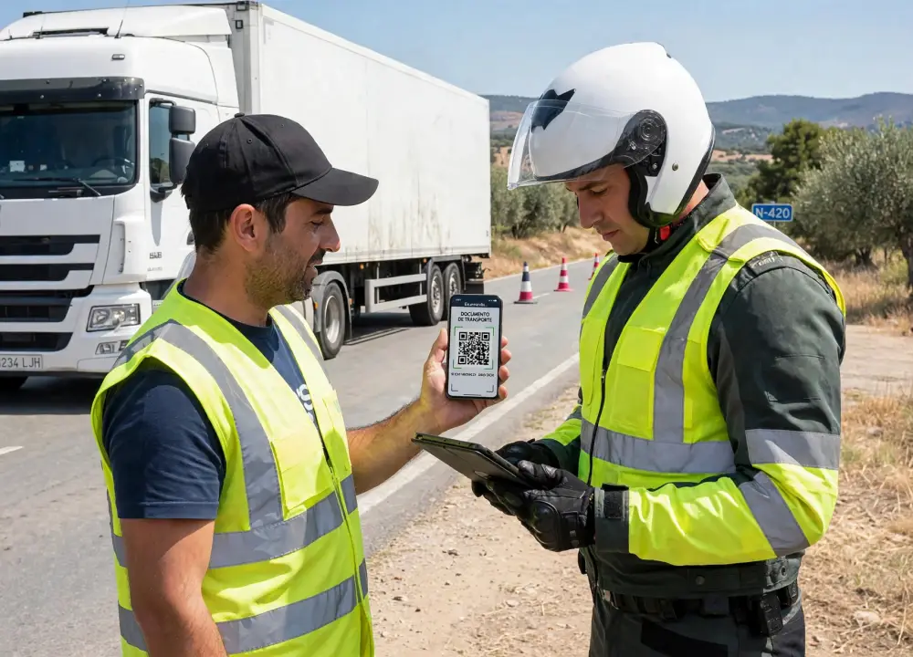 Un agente comprueba el DeCA en el móvil del conductor en un control de carretera