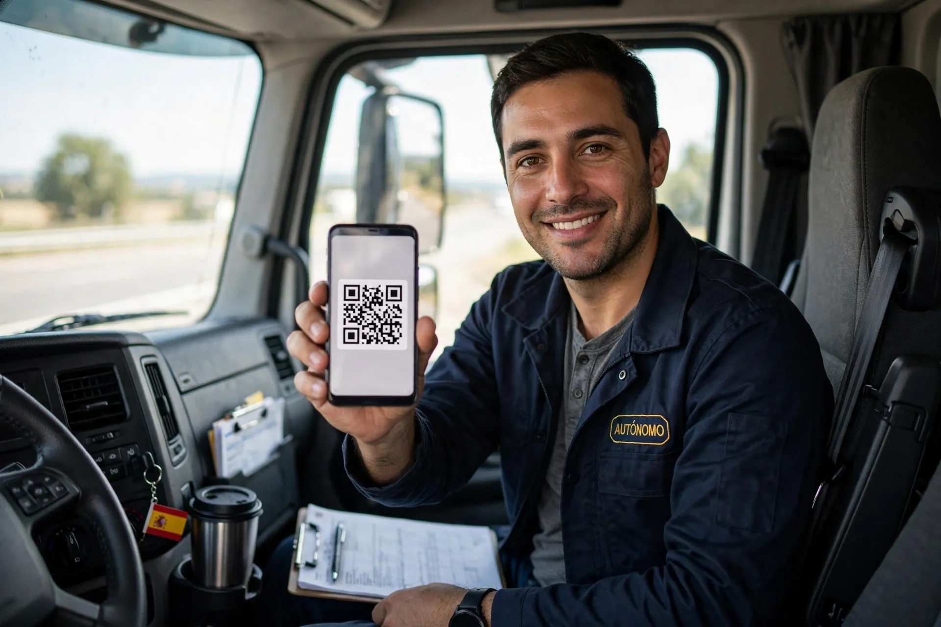 Transportista autónomo en la cabina de su camión enseñando el QR del DeCA en el móvil
