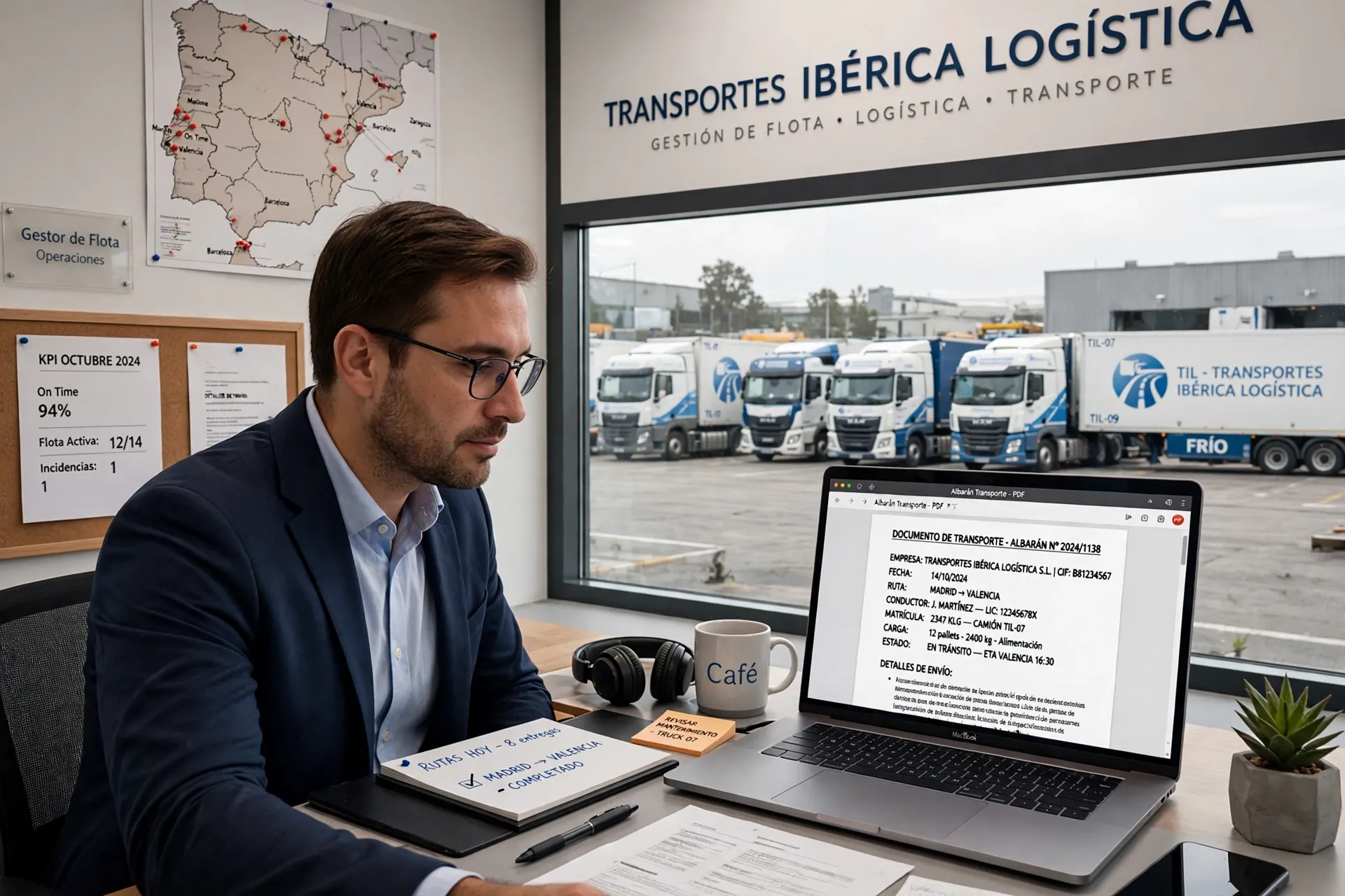 Gestor de flota revisando documentos de transporte en el ordenador, con los camiones de la empresa detrás